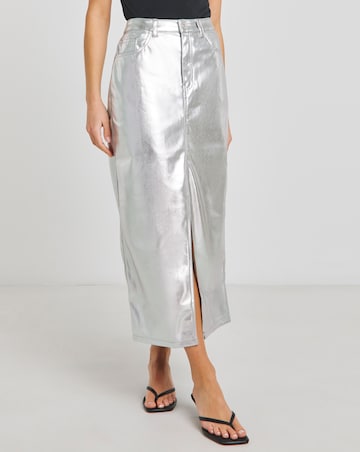 Silver PU Front Split Midaxi Skirt