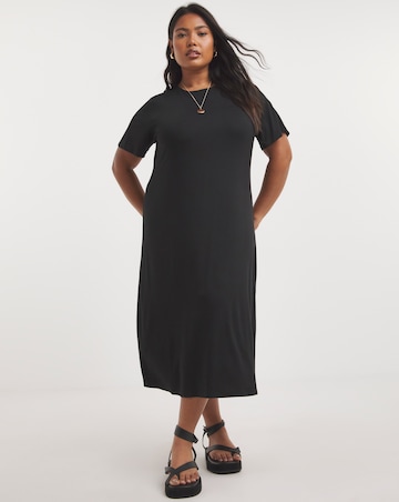 Black Viscose Elastane Midi T-Shirt Dress