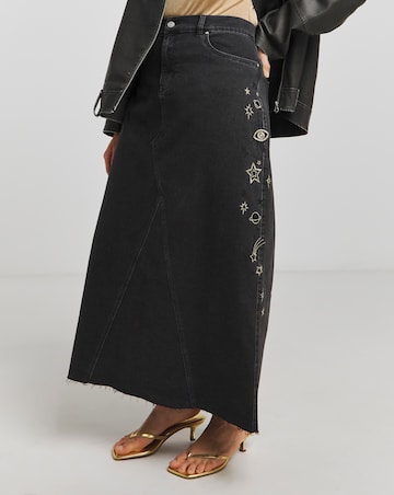 Simply Be X Twisted Wunder Black Cosmic Mix A Line Denim Maxi Skirt