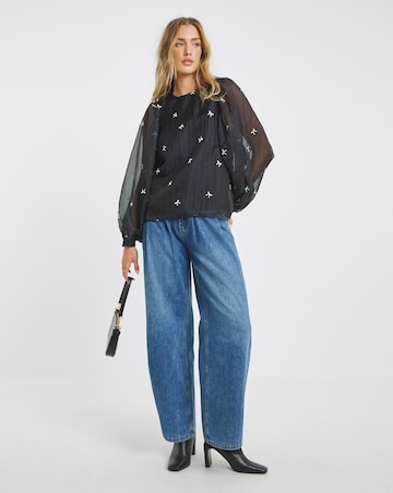 Simply Be Black Organza Embroidered Bow Blouse