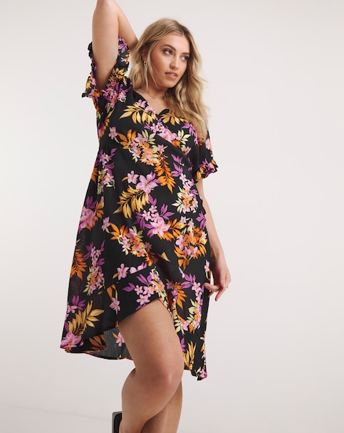 Tropical Print Crinkle Wrap Skater Dress With EcoVero ™ Viscose