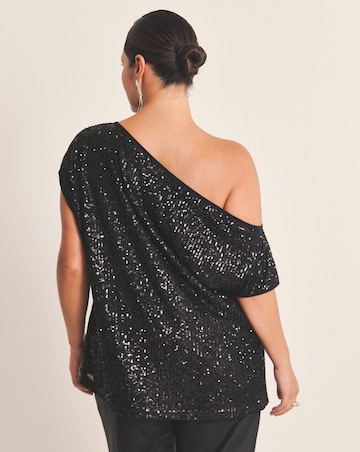 Black Linear Sequin Off The Shoulder Top