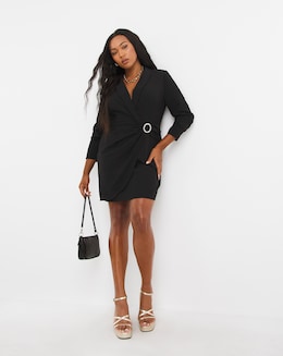 Black Embellished Buckle Twist Blazer Dress