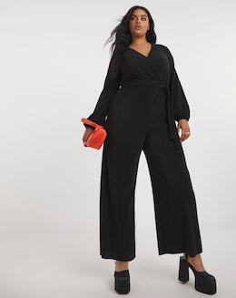 Black Wide Leg Belted Plisse Jumpsuit
