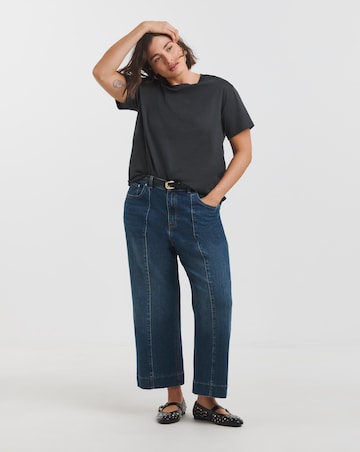 Mid Blue Cropped Wide Leg Pintuck Jeans