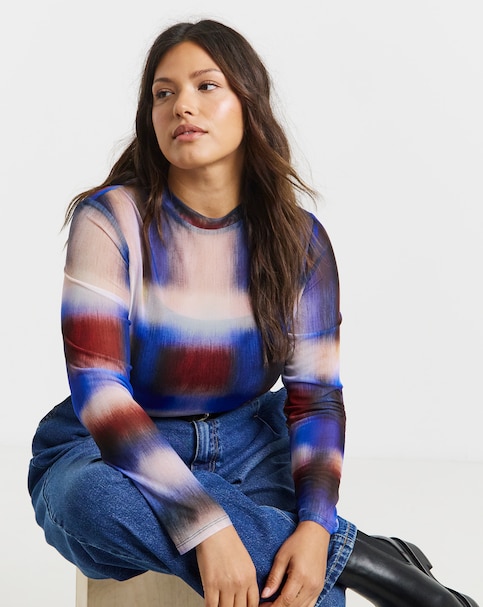 Red & Blue Check Print Mesh Top