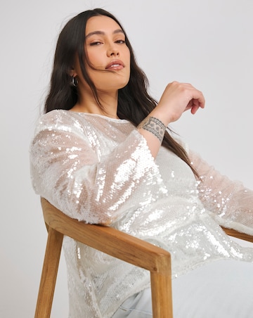 White Flared Sleeve Sequin Top
