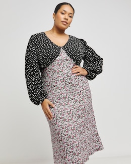 Mixed Floral Spot Print Long Sleeve Waffle Midi Dress