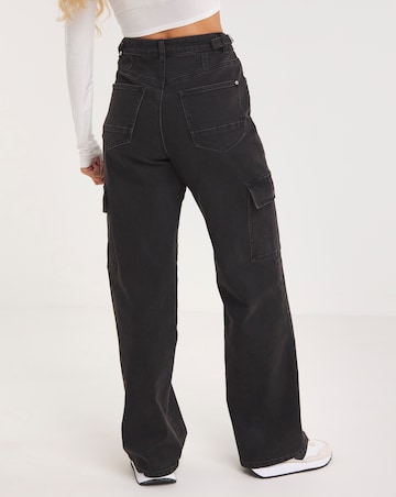 Black High Rise Straight Leg Denim Cargo