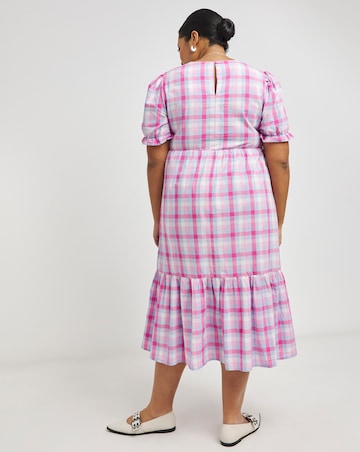 Pink Check Tiered Short Sleeve Midi Dress