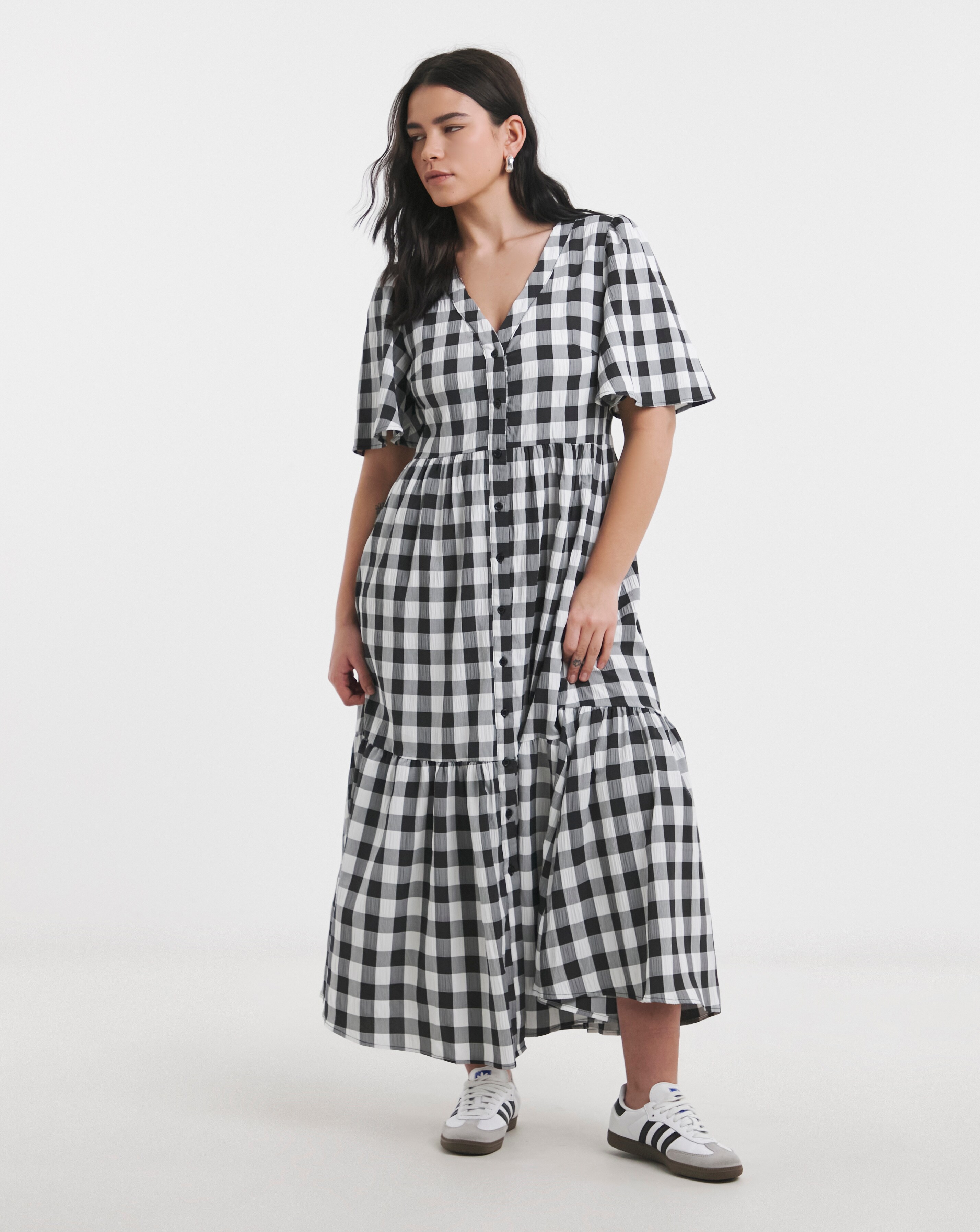 Simply Be Mono Check Gingham Button Up Midi Dress