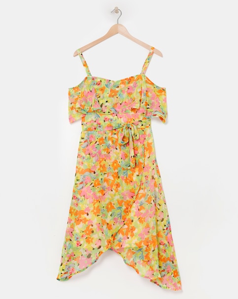 Floral Print Bardot Wrap Midi Dress