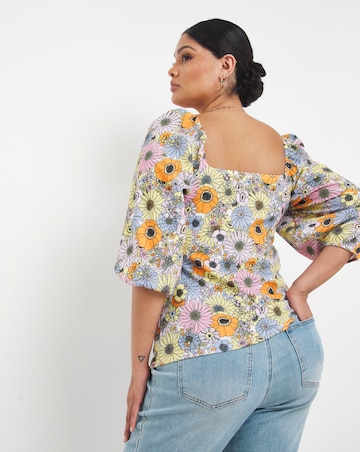 Square Neck Balloon Sleeve Floral Top