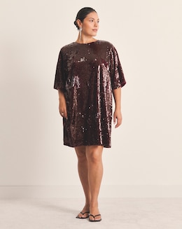 Burgundy Bow Back Sequin T-Shirt Dress