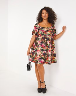 Made In GB Black Floral Printed Scuba Square Neck Smock Dress
