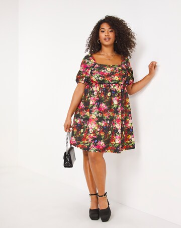 Made In GB Black Floral Printed Scuba Square Neck Smock Dress