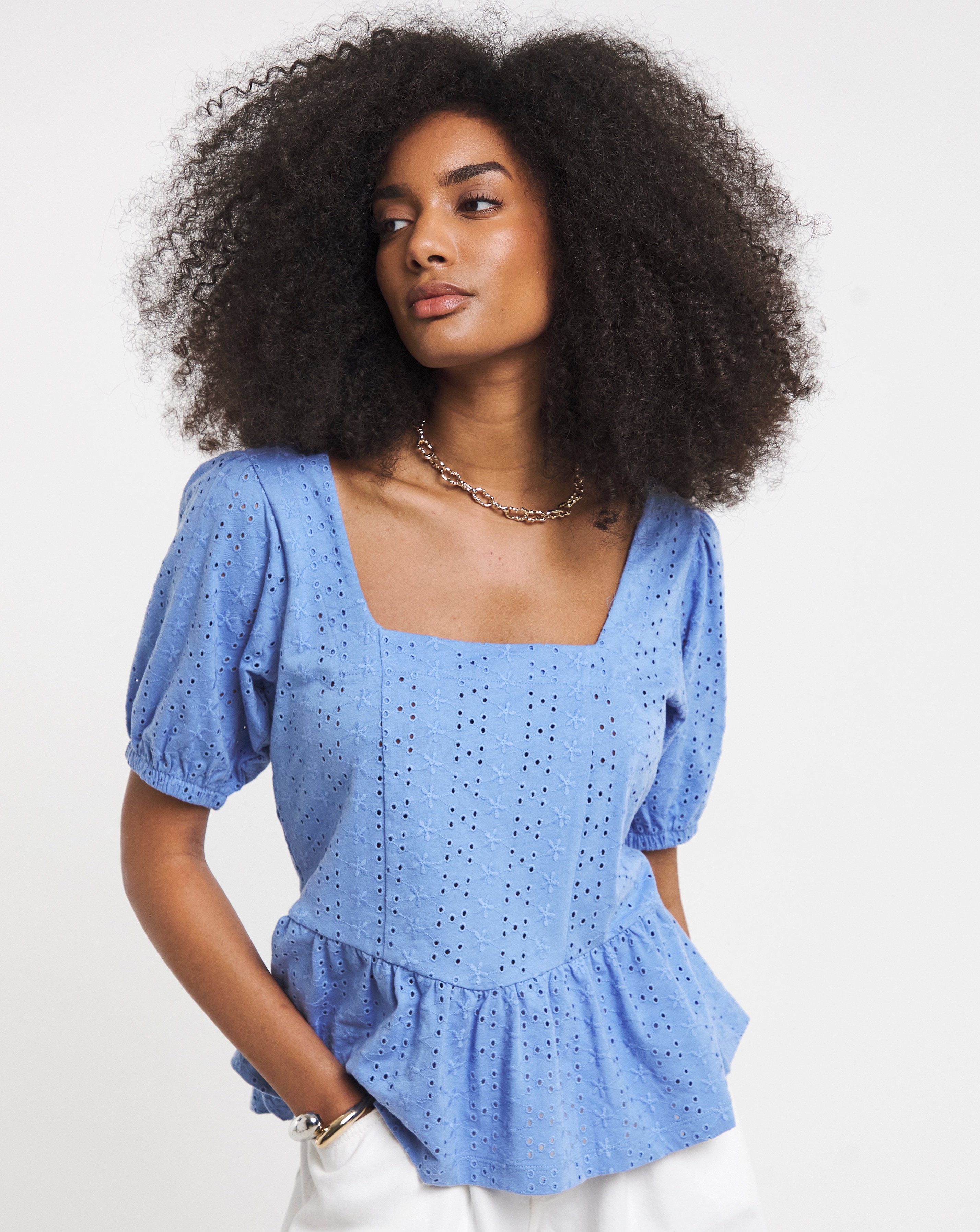 Blue Stretch Broderie Square Neck Peplum Top | Simply Be