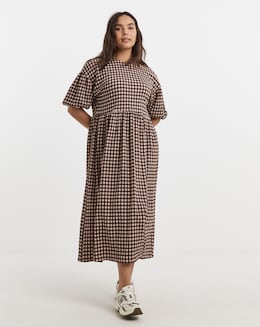 Simply Be Brown Gingham Waffle Bow Back Midi Dress