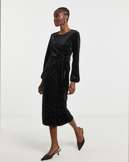 Black Glitter Velour Wrap Midi Dress