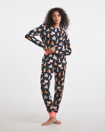 Chelsea Peers Jersey Crew Neck Christmas Cat Print Pyjama Set