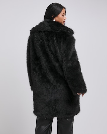 Black Longline Collar Revere Faux Fur Coat