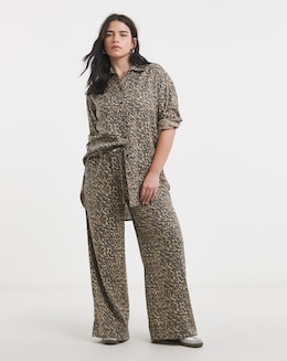 Leopard Tie Waist Linen Mix Wide Leg Trousers