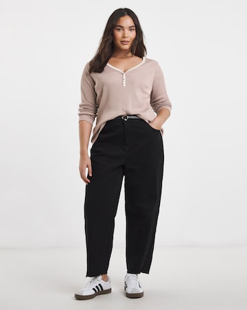 Mocha Ribbed Henley Top with Whipstitching