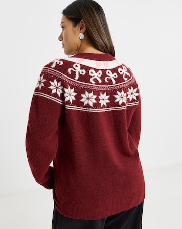 Brushed Yarn Burgundy Fair Isle Crew Neck Cardigan