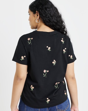 Simply Be Black & Pink Embroidered Ditsy Flower T-Shirt