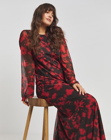 Red Blur Printed Long Sleeve Scoop Back Mesh Maxi Dress