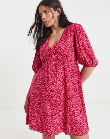 Simply Be Red and Pink Print Viscose Button Through Skater Dress