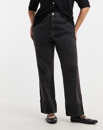 Black Turn Up Hem Straight Leg Jeans