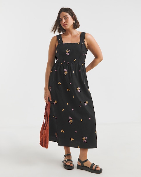 Simply Be Black Embroidered Midi Dress With Ric Rac