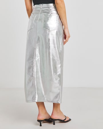Silver PU Front Split Midaxi Skirt