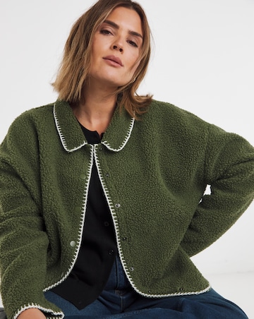 Khaki & Cream Whipstitch Borg Button Through