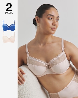 Pretty Secrets (2 Pack) Rachel Embroidery Balcony Bras (B-G) Blue/Cream