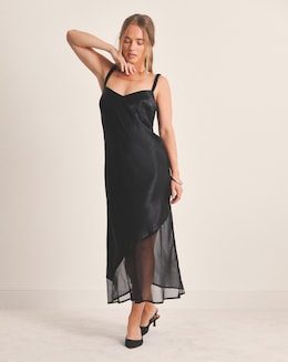 Black Satin Sheer Mix Slip Dress