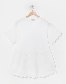 White Broderie Detail Jersey Mix Smock Blouse
