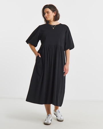 Puff Sleeve Jersey Smock Pocket Midi
