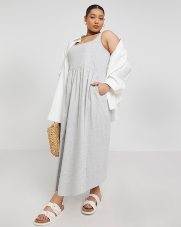 Grey Marl Cotton Jersey Apron Dress With Pockets