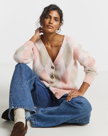 Simply Be Pink Fluffy Argyle Boyfriend Cardigan