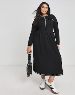 Black Ribbed Contrast Seam Midi Dress With Pockets