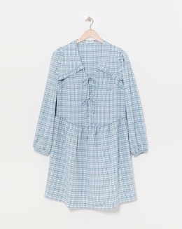 Blue Checked Collared Tie Front Smock Dress
