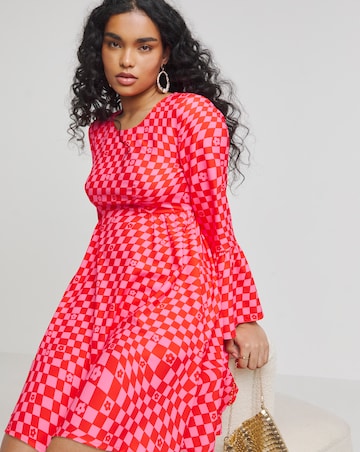 Twisted Wunder Pink Flower Check Flared Sleeve Mini Dress