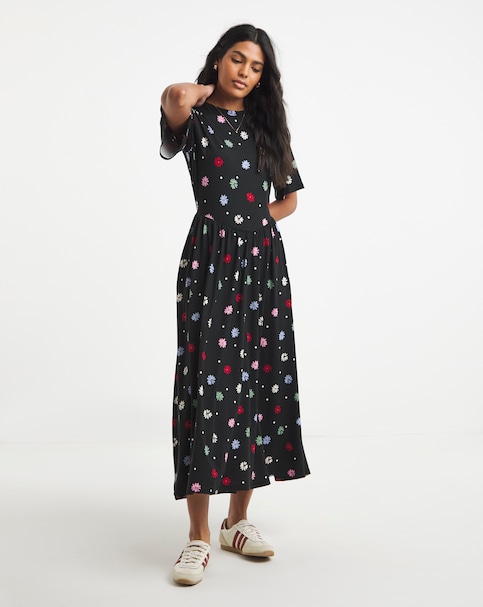Black Floral Print Jersey Midi Dress