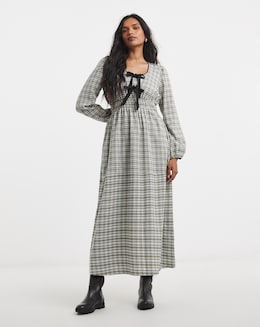 Khaki Check Bow Front Detail Midaxi Dress