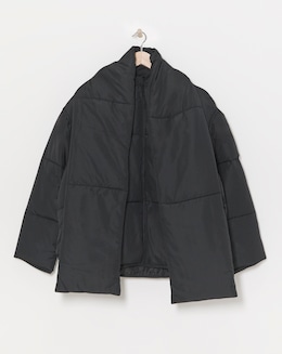 Black Round Neck Jacket With Detachable Scarf