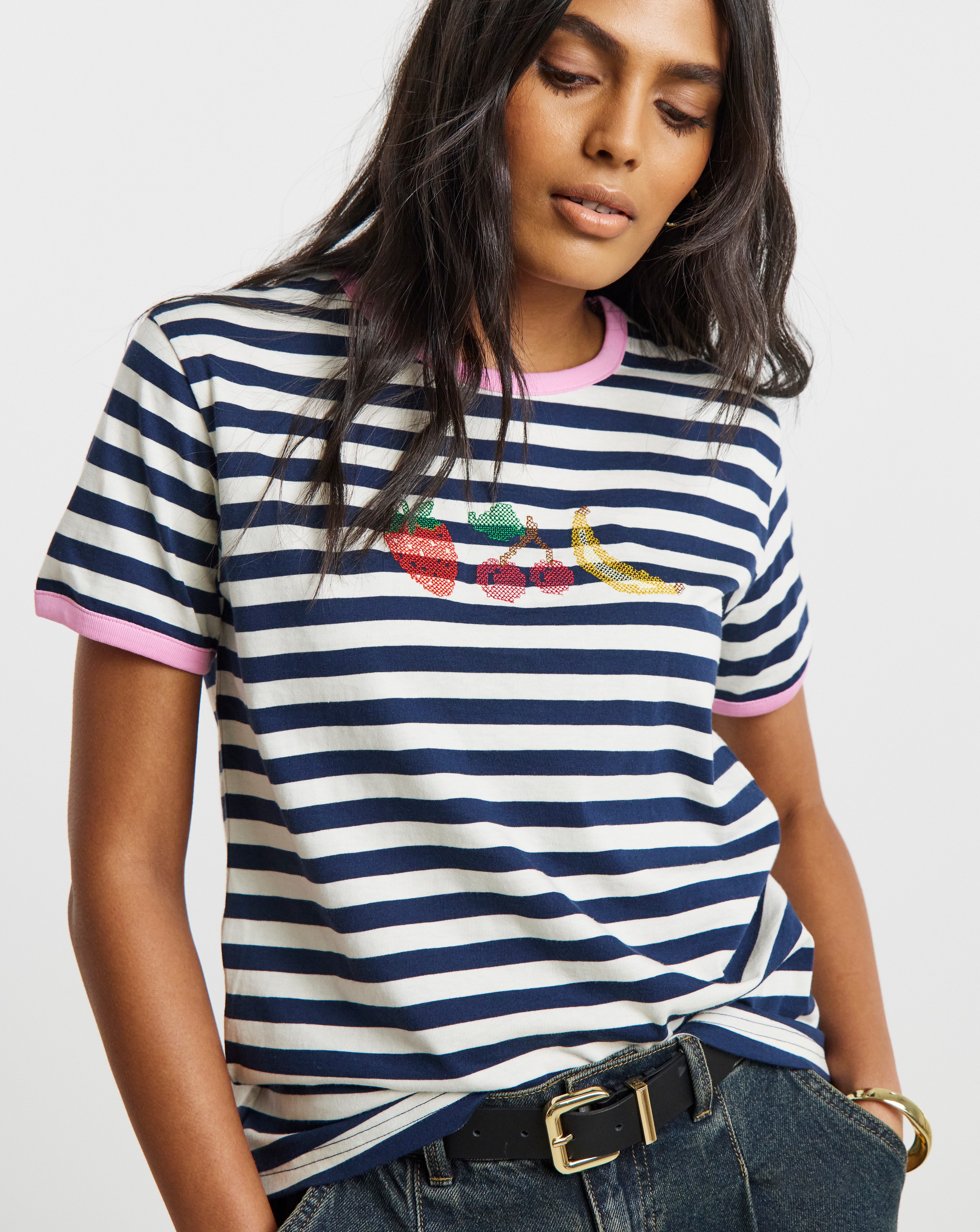 Navy & Ivory Stripe Cross Stitch Embroidered Slim T-Shirt | Simply Be