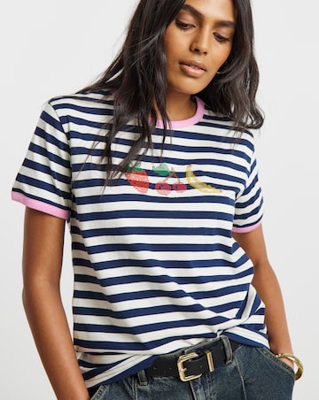 Simply Be Navy & Ivory Stripe Cross Stitch Embroidered T-Shirt