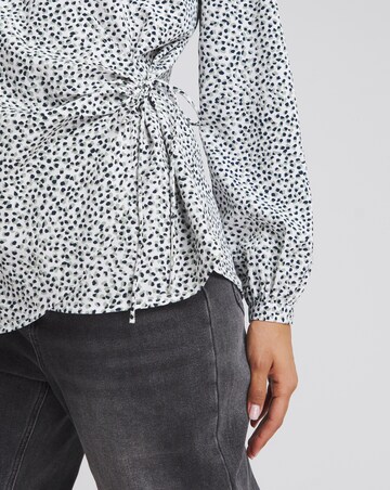 Spot Print Tie Front Relaxed Wrap Blouse